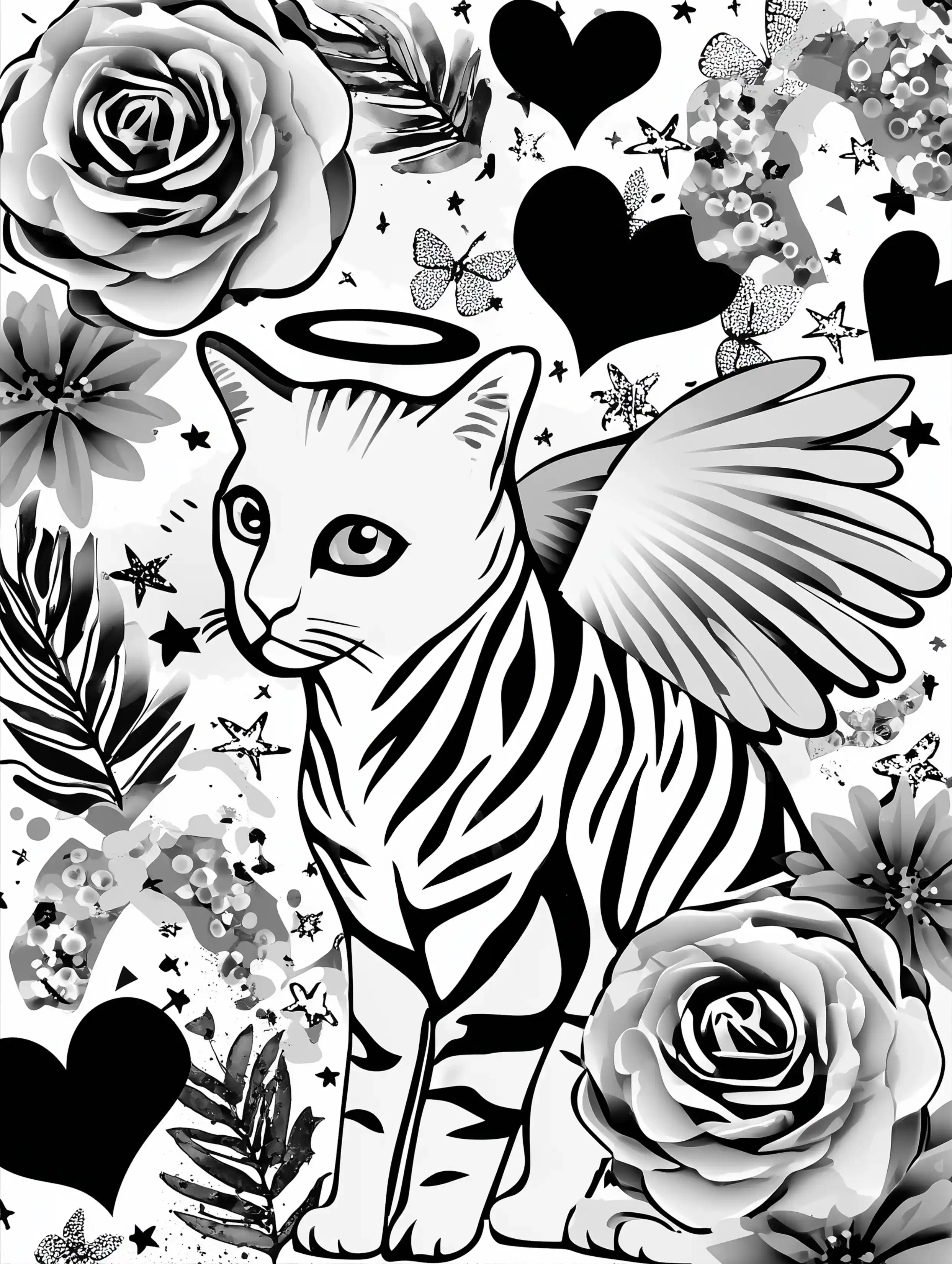 Free printable cats coloring page featuring a striped cat with a halo